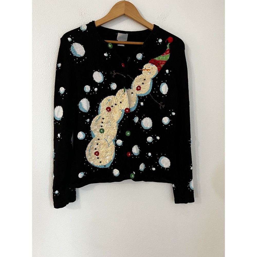 Berek Long Sleeve Black Christmas Snowman Ugly Sweater Cardigan Women's M Winter